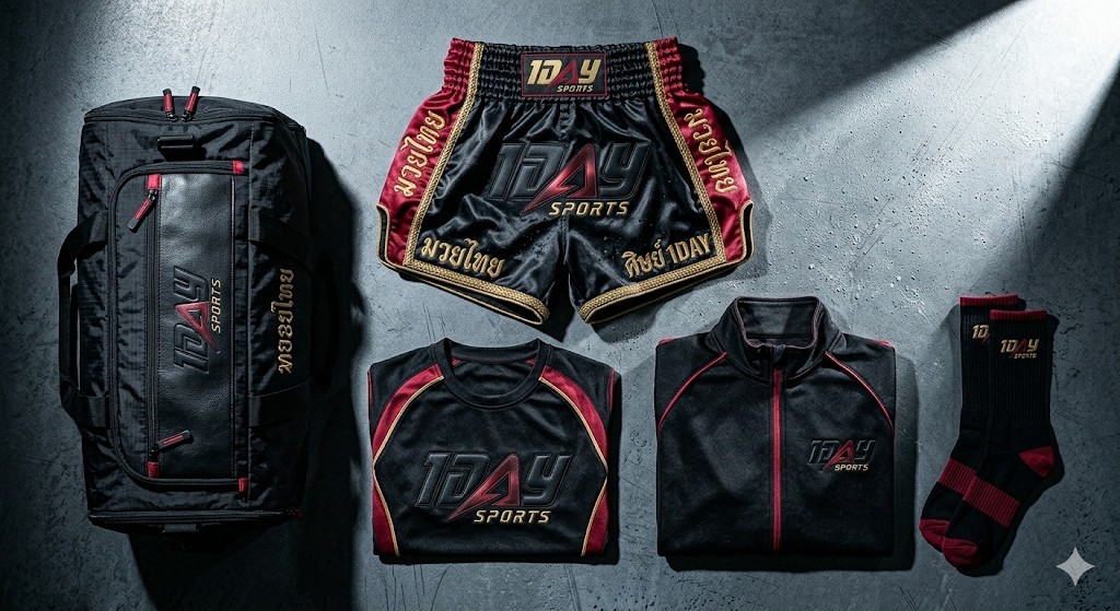 Flat lay of duffel, Muay Thai shorts, folded tee, track jacket, and crew socks on concrete