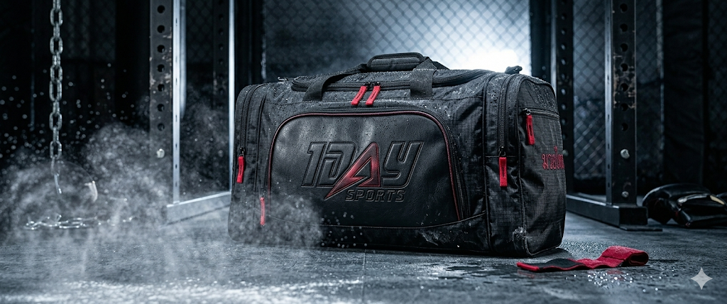 Black 1DAY SPORTS duffel bag with red zippers in a gritty gym with cage background