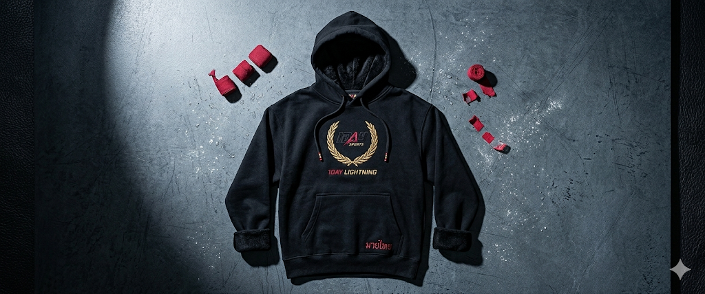 Black pullover hoodie with laurel and 1DAY LIGHTNING graphic beside red hand wraps