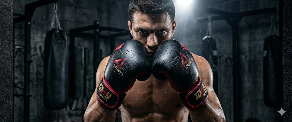 Shirtless boxer in guard with black and red 1DAY SPORTS gloves in a dark industrial gym