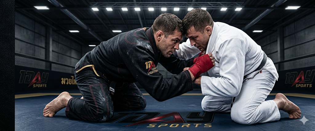Two athletes in black and white gis grappling on a blue mat with 1DAY SPORTS venue branding