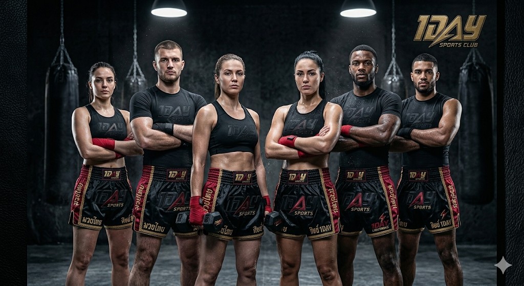 Six athletes in matching 1DAY SPORTS shorts and tops in a line in an industrial gym