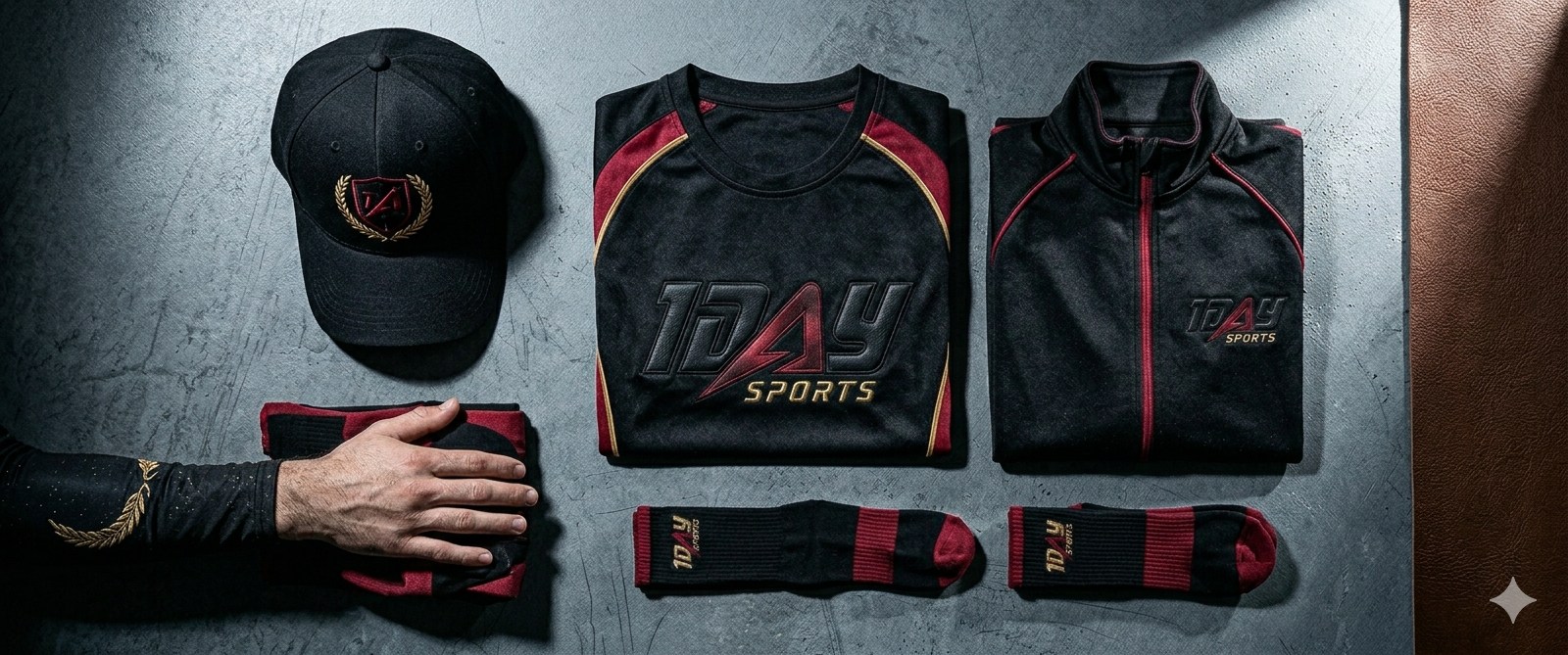 Bird's-eye view of five fighters in a circle with stacked hands on a mat featuring the 1DAY SPORTS wordmark.