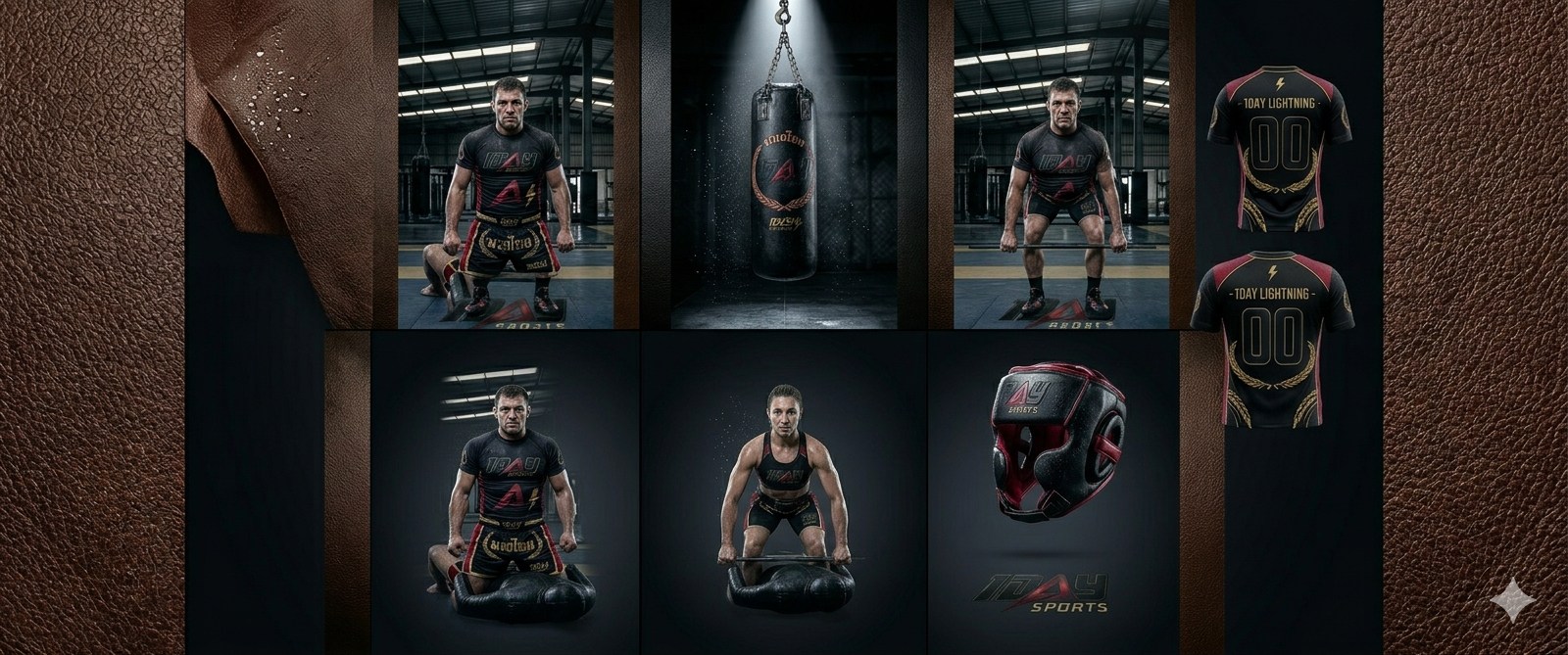 Black and red leather boxing headgear embossed with the 1DAY SPORTS logo against a dark gym backdrop.