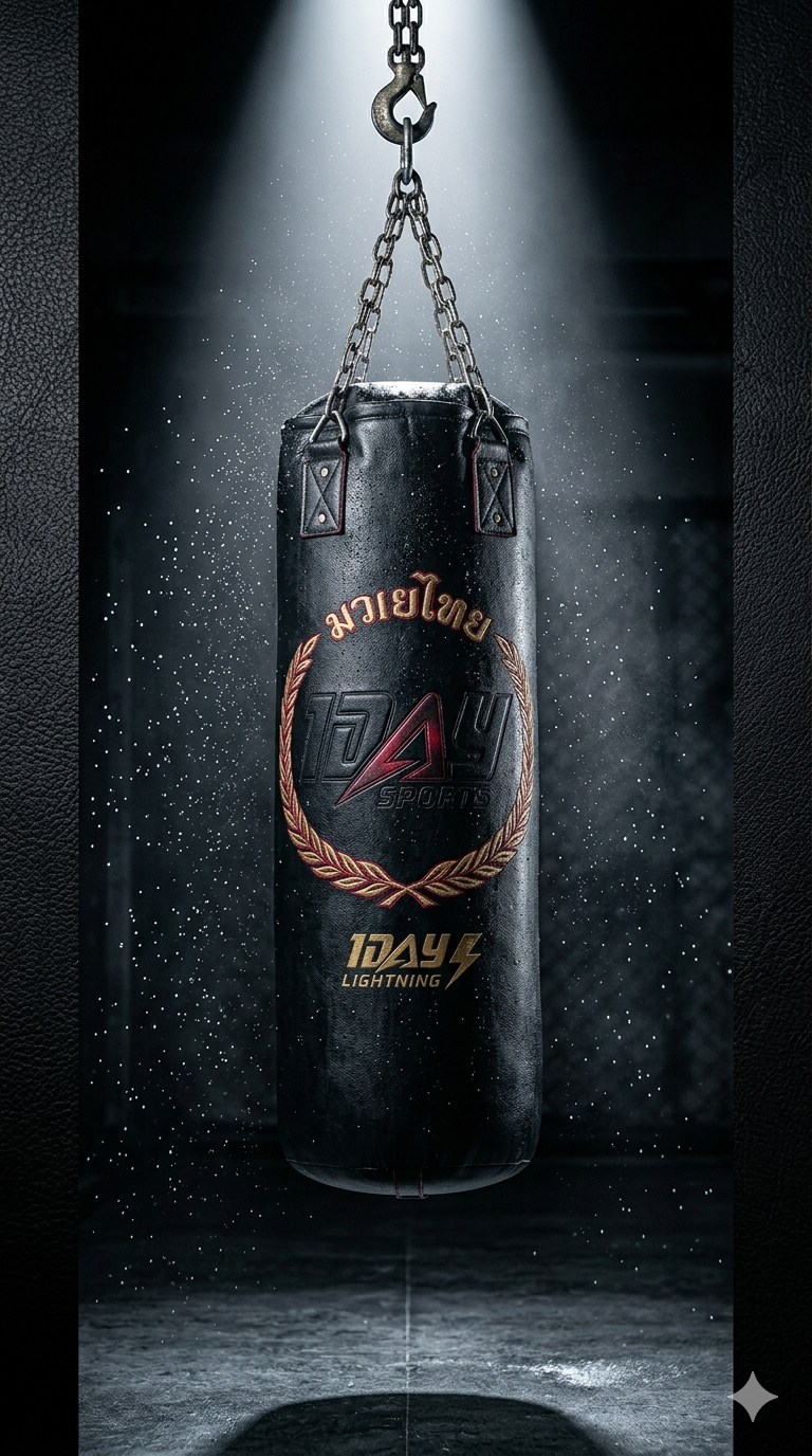 Dramatic vertical photograph of a 1DAY SPORTS Muay Thai heavy bag illuminated by an overhead spotlight.