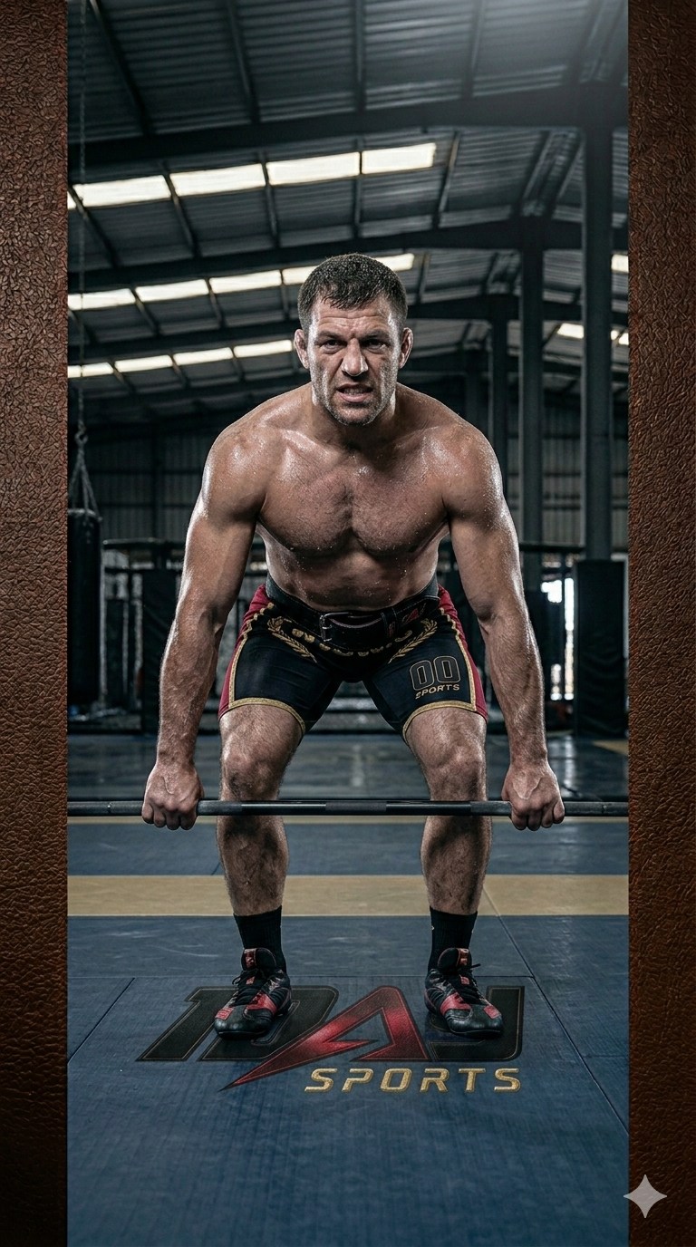 Athlete mounted on a grappling dummy wearing 1DAY SPORTS rash guard and Muay Thai shorts on blue mats.
