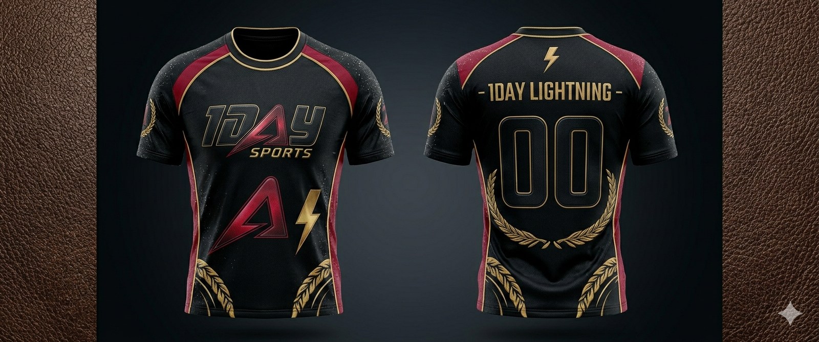 Mockup showing black, gold, and maroon 1DAY LIGHTNING jersey fronts and backs with lightning crest graphics.