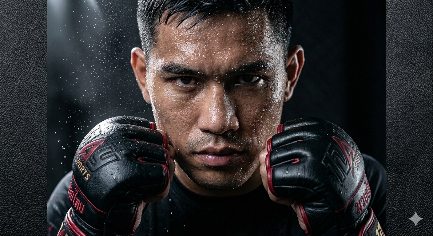 Wide composite banner featuring athletes, heavy bag, jerseys, grappling sequences, headgear, and metallic branding.