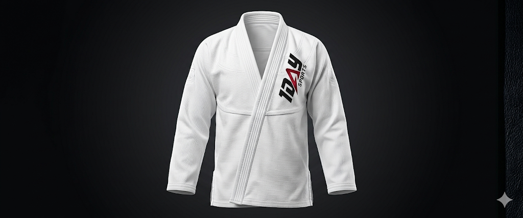 White pearl-weave BJJ gi jacket with vertical 1DAY SPORTS logo on the chest