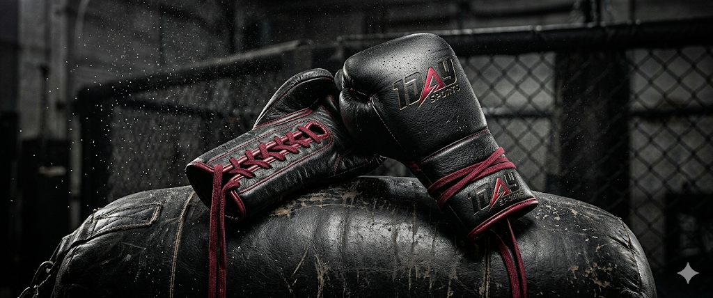 Second angle of 1DAY SPORTS boxing gloves on a scuffed black heavy bag