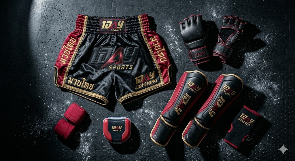 Flat lay of Muay Thai shorts, MMA gloves, shin guards, wraps, and accessories on gym mats