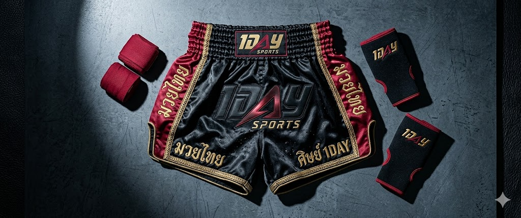 Muay Thai shorts, hand wraps, and ankle supports with gold and red 1DAY SPORTS branding