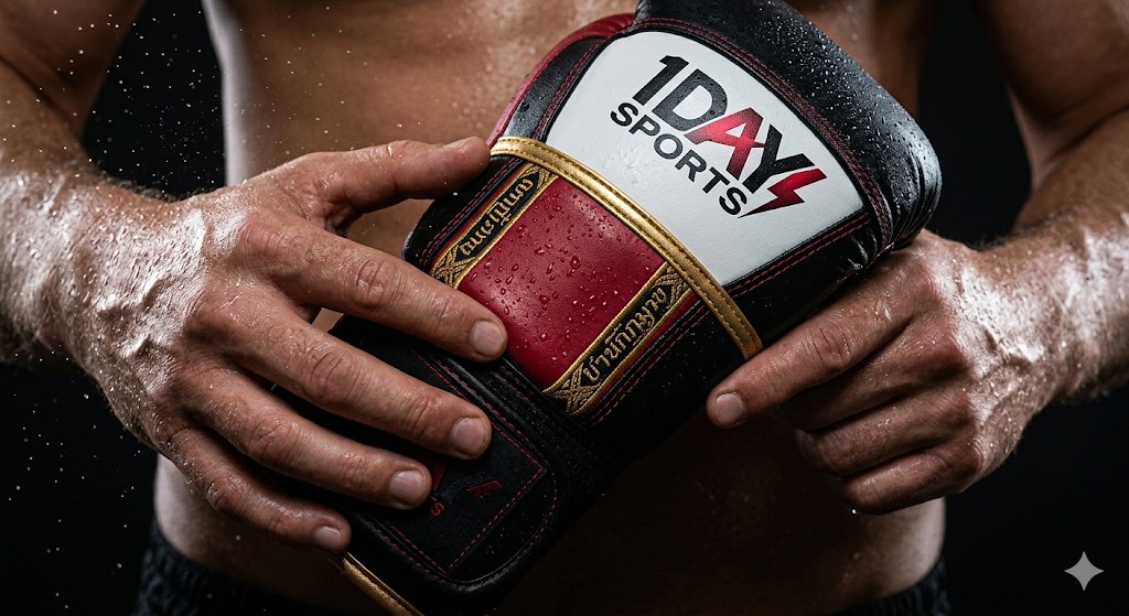 Muscular hands gripping a branded boxing glove with water droplets and dark background