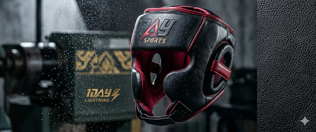 Black and red leather headgear with embossed branding and leather macro strip