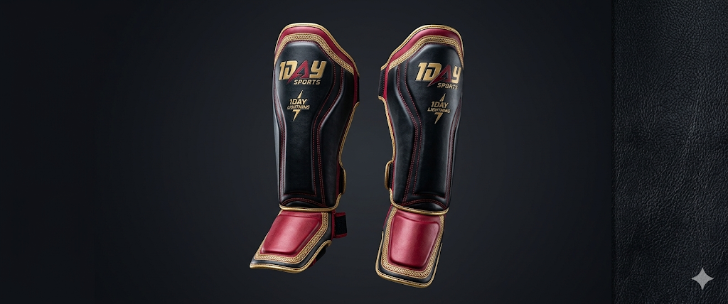 Pair of black and red shin guards with gold trim and 1DAY SPORTS branding