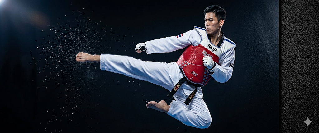 Athlete in white dobok and red chest protector executing a jumping side kick on black studio background
