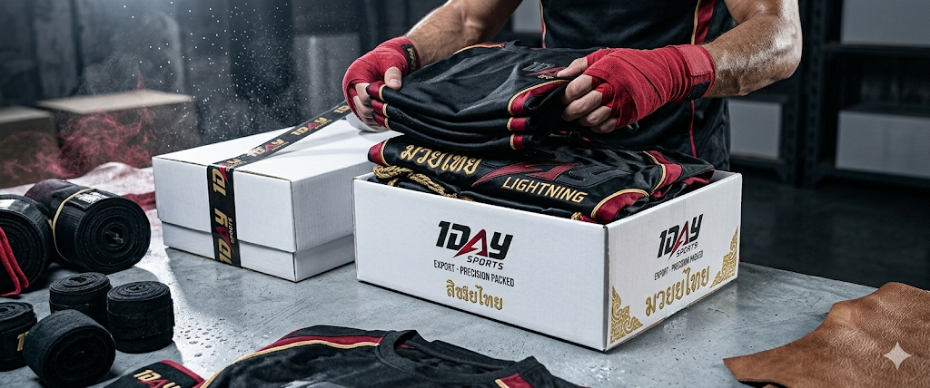 Red-wrapped hands packing apparel into white 1DAY SPORTS export boxes on an industrial bench