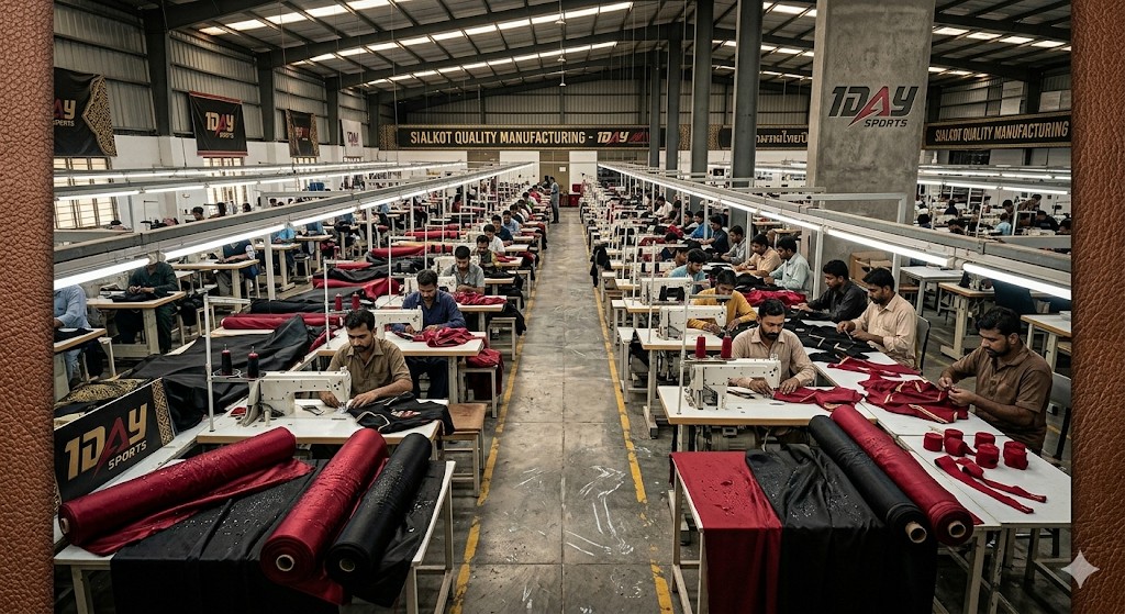 Wide view of garment factory floor with rows of sewing machines and Sialkot quality branding