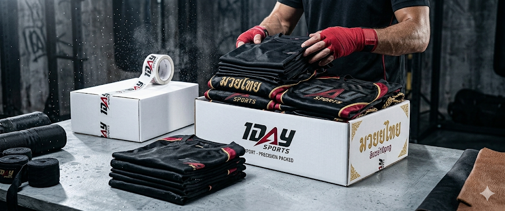 Athlete-wrapped hands placing folded jerseys into branded export boxes with tape and materials