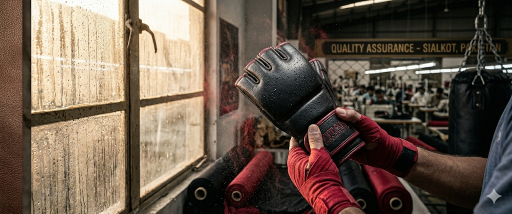 Hands in red wraps inspecting an MMA glove with factory and quality assurance signage in background