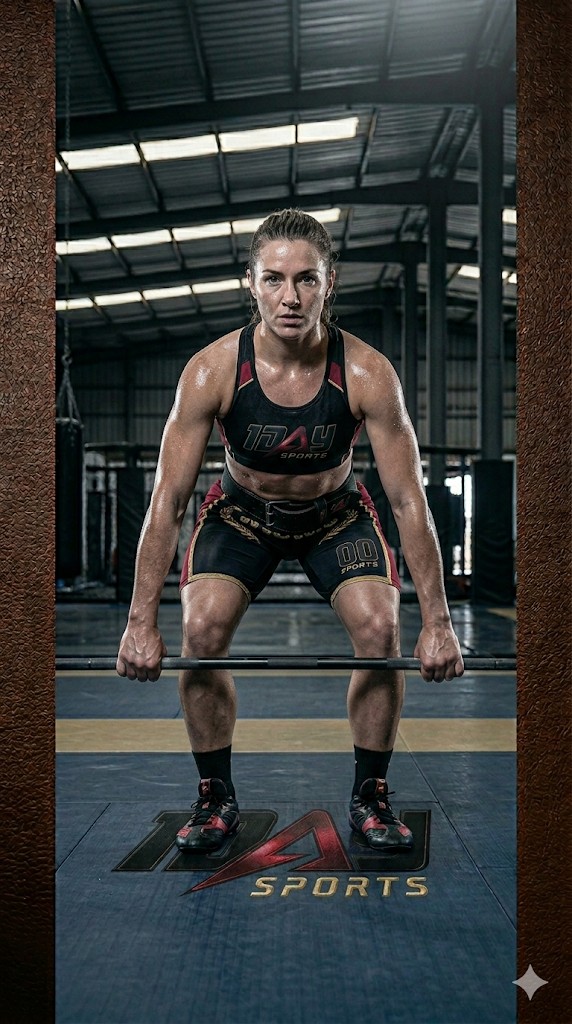 Female athlete in sports bra and shorts setting up for a deadlift on mats with a large center logo