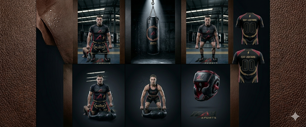 Wide collage of athletes, heavy bag, headgear, and jersey back layout in a grid