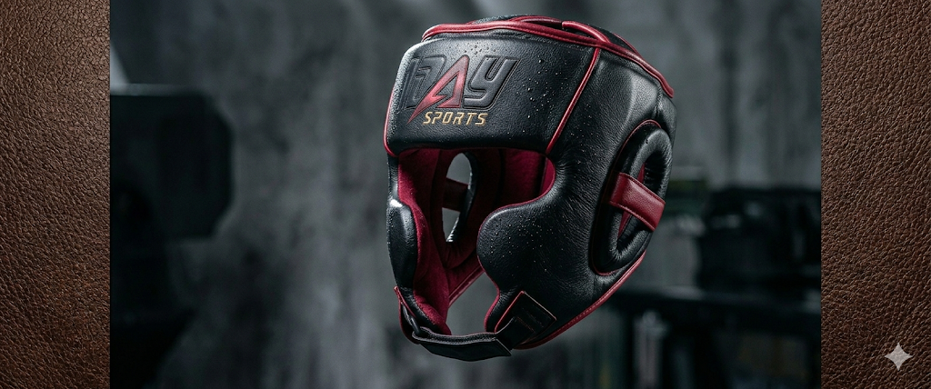 Black and red leather headgear with embossed logo over a dark gym background with leather side strips
