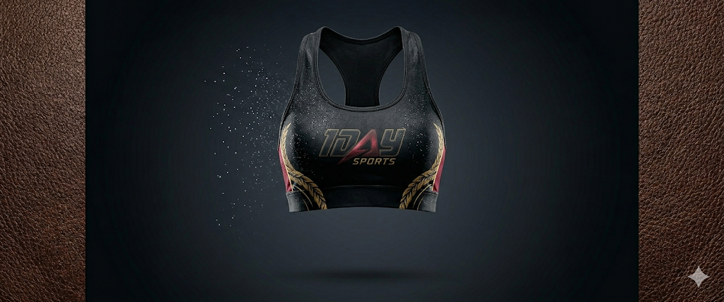 Black racerback sports bra with laurel graphics and particle spray on dark gradient