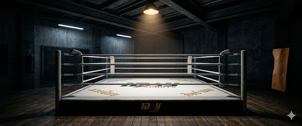 Empty boxing ring with 1DAY SPORTS logo on canvas under a single overhead spotlight in a dark gym