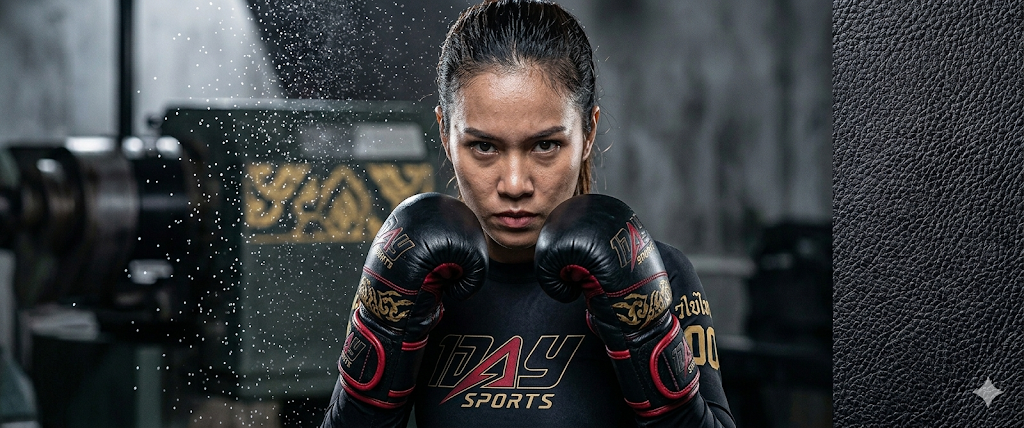 Female boxer in guard with black gloves and branded long-sleeve top beside a pebbled leather texture column