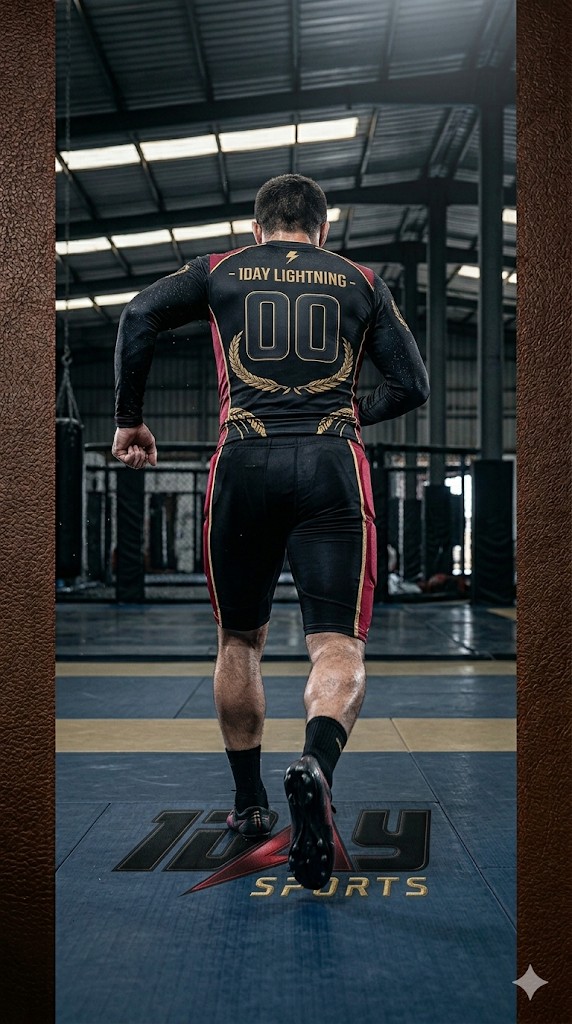 Athlete from behind in long-sleeve rash guard and padded shorts walking across branded mats