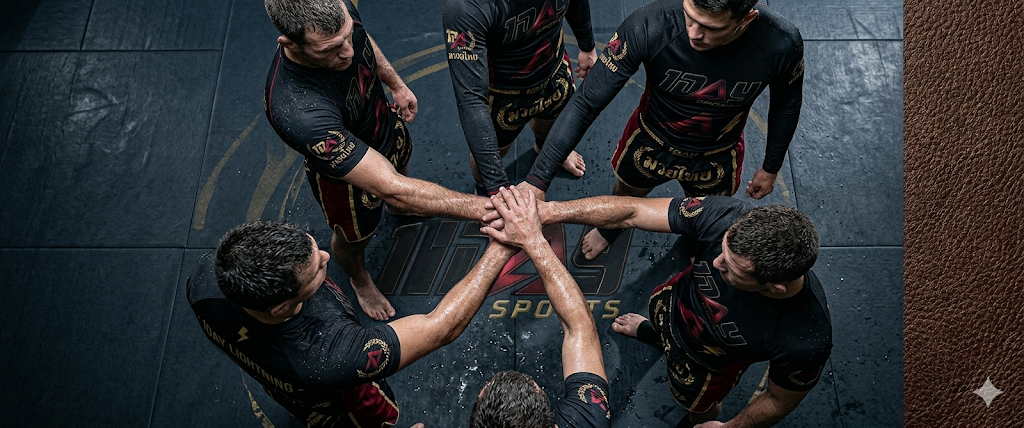 Overhead view of fighters in matching rash guards and Muay shorts in a hands-in huddle