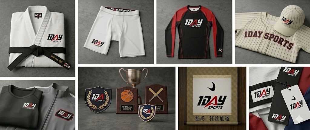 Collage A: uniforms, trims, trophies, labels.