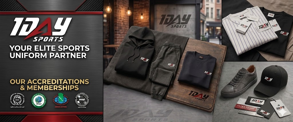 1 Day Sports accreditations and memberships banner: SCCI, TDAP, and association badges on brushed metal beside hoodies, joggers, tees, sneakers, branded cap and quality hang-tags.