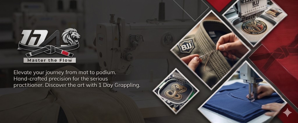 Factory collage emphasizing embroidery rigs, sewn lapels, and technical sewing for grappling uniforms.