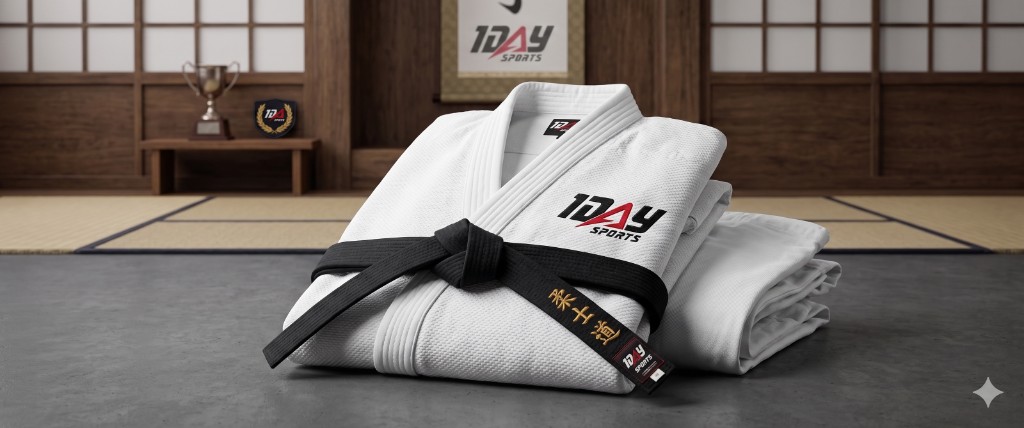 White Gi with embroidered 1 Day Sports mark and stitched black belt in dojo staging.