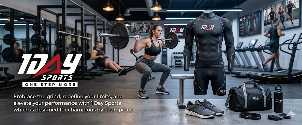 Athlete squatting with barbell next to branded mannequin and accessories.